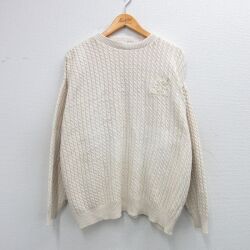 XL★古着 長袖 ケーブル セーター メンズ 90年代 90s 手織り コットン クルーネック USA製 生成り 25nov27