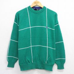 L★古着 ノーティカ 長袖 ブランド セーター メンズ 90年代 90s ワンポイントロゴ コットン クルーネック 緑他 チェック 25nov29