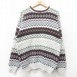 M★古着 長袖 セーター メンズ 90年代 90s フェアアイル コットン クルーネック USA製 薄グレー 霜降り他 25nov29