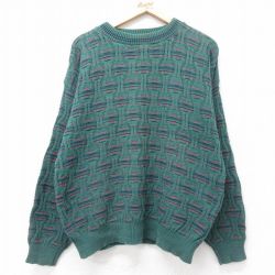 L★古着 長袖 セーター メンズ 90年代 90s コットン クルーネック USA製 緑他 25nov29