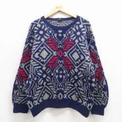 M★古着 GANT 長袖 ノルディック セーター メンズ 90年代 90s 雪柄 手織り ウール クルーネック 紺他 25nov29