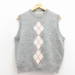 M★古着 エルエルビーン ニット ベスト メンズ 90年代 90s アーガイル ウール クルーネック グレー 25dec01