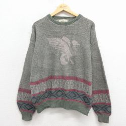 L★古着 長袖 セーター メンズ 90年代 90s 鳥 クルーネック USA製 グレー他 25dec01