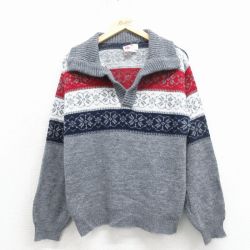 M★古着 シアーズ 長袖 ノルディック セーター メンズ 80年代 80s 雪柄 アクリル グレー 霜降り他【spe】 25dec01
