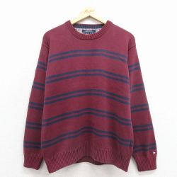 L★古着 トミーヒルフィガー 長袖 ブランド セーター メンズ 90年代 90s ワンポイントロゴ コットン クルーネック エンジ ボーダー 25dec01