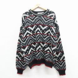 XL★古着 長袖 セーター メンズ 90年代 90s 総柄 アクリル クルーネック グレー他 25dec01