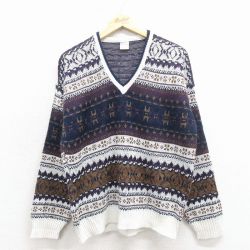 L★古着 長袖 セーター メンズ 90年代 90s フェアアイル アクリル Vネック イングランド製 白他 25dec01