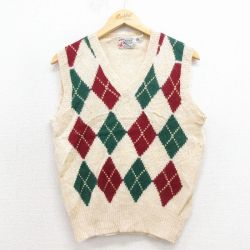S★古着 ニット ベスト メンズ 80年代 80s アーガイル ウール Vネック 生成り 25dec01