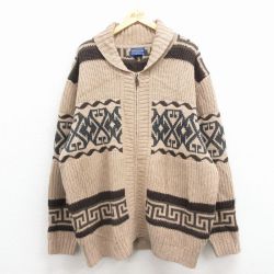 XL★古着 ペンドルトン 長袖 フルジップ カウチン ニット カーディガン メンズ 大きいサイズ ロング丈 ウール 茶他【spe】 25dec02