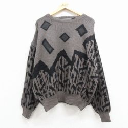 XL★古着 長袖 セーター メンズ 00年代 00s 大きいサイズ レザー使用 アクリル クルーネック グレー他 25dec02