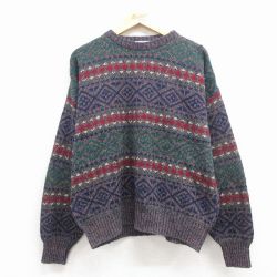 XL★古着 長袖 セーター メンズ 90年代 90s フェアアイル コットン クルーネック USA製 グレー他 25dec02