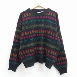 XL★古着 長袖 セーター メンズ 00年代 00s フェアアイル 大きいサイズ アクリル クルーネック 黒他 25dec02