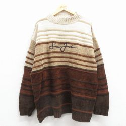 XL★古着 ショーンジョン 長袖 セーター メンズ ビッグロゴ 刺繍 大きいサイズ アクリル ベージュ他 ボーダー【spe】 25dec02