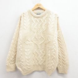 L★古着 長袖 アラン フィッシャーマン ケーブル セーター メンズ 90年代 90s ウール クルーネック アイルランド製 生成り【spe】 25dec02