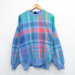 XL★古着 ノーティカ 長袖 ブランド セーター メンズ 90年代 90s コットン クルーネック 薄紺他 チェック 25dec04