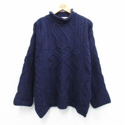 M★古着 長袖 ケーブル セーター メンズ 90年代 90s メリノウール モックネック ハイネック アイルランド製 紺【spe】 25dec04