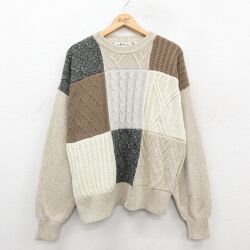 XL★古着 オービス 長袖 ケーブル セーター メンズ 00年代 00s 大きいサイズ コットン クルーネック 薄ベージュ他 25dec04