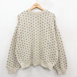 XL★古着 長袖 セーター メンズ 90年代 90s 総柄 大きいサイズ クルーネック USA製 薄ベージュ他 25dec04