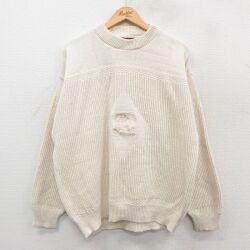 XL★古着 長袖 セーター メンズ 90年代 90s ゴルフ 刺繍 コットン クルーネック USA製 生成り 25dec04