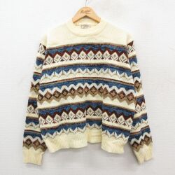 L★古着 長袖 セーター メンズ 80年代 80s アクリル クルーネック 生成り系 25dec04