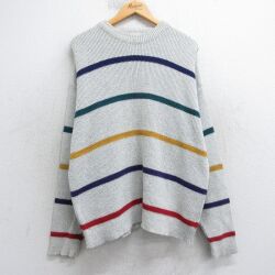XL★古着 長袖 セーター メンズ 90年代 90s コットン クルーネック USA製 薄グレー他 ボーダー【spe】 25dec05