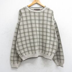 XL★古着 長袖 セーター メンズ 90年代 90s クルーネック USA製 ベージュ他 チェック 25dec05