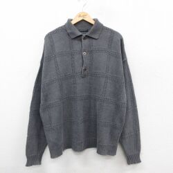 XL★古着 長袖 セーター メンズ 90年代 90s 襟付き 大きいサイズ コットン USA製 グレー チェック 25dec05