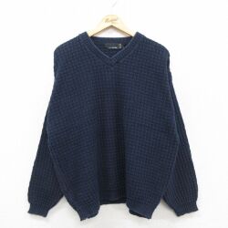 XL★古着 長袖 セーター メンズ 90年代 90s 手織り コットン Vネック USA製 紺 25dec05