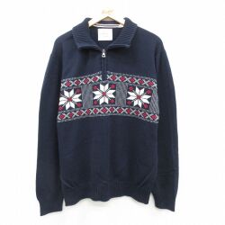 L★古着 WEATHERPROOF 長袖 ハーフジップ ノルディック セーター メンズ 雪柄 コットン 紺他 25dec05