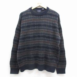 L★古着 ピューリタン 長袖 セーター メンズ 00年代 00s クルーネック 紺他 チェック 25dec05