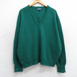 XL★古着 ランズエンド 長袖 セーター メンズ 00年代 00s 無地 ラグラン ラムウール Vネック 緑 25dec11