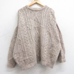 XL★古着 長袖 アラン フィッシャーマン ケーブル セーター メンズ 90年代 90s 大きいサイズ ウール クルーネック ベージュ他【spe】 25dec11