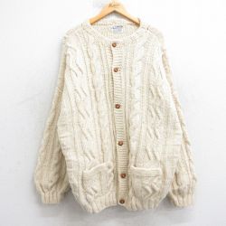 XL★古着 長袖 ケーブル ニット カーディガン メンズ 90年代 90s 手編み ハンドメイド 大きいサイズ ウール 生成り【spe】 25dec11