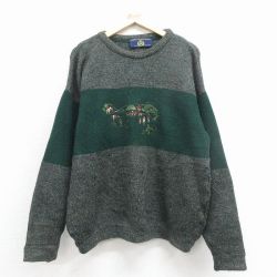 L★古着 ブラーニー 長袖 セーター メンズ 00年代 00s 犬 刺繍 ヒジ当て ウール クルーネック 緑他 25dec11