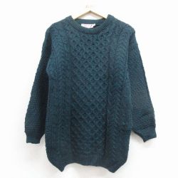 M★古着 長袖 ケーブル セーター メンズ 90年代 90s ウール スコットランド製 緑 25dec11