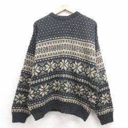 L★古着 長袖 ノルディック セーター メンズ 90年代 90s 雪柄 バーズアイ クルーネック USA製 黒他【spe】 25dec11
