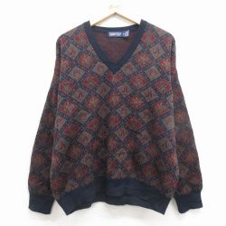 XL★古着 ランズエンド 長袖 セーター メンズ 90年代 90s 総柄 Vネック イタリア製 茶他【spe】 25dec11