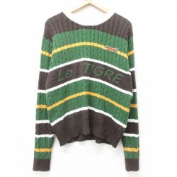 M★古着 ルティグレ 長袖 ケーブル セーター メンズ ビッグロゴ クルーネック 緑他 ボーダー 25dec12