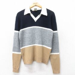 S★古着 ケニントン 長袖 セーター メンズ 80年代 80s 襟付き マルチカラー アクリル 紺他 25dec12