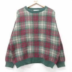 L★古着 長袖 セーター メンズ 90年代 90s コットン クルーネック USA製 緑他 チェック 25dec13