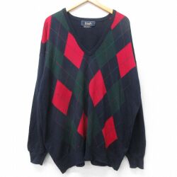 XL★古着 長袖 セーター メンズ 90年代 90s アーガイル 大きいサイズ ラムウール Vネック スコットランド製 紺他 25dec13
