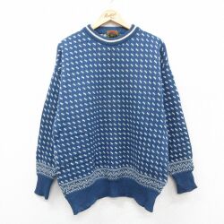L★古着 ボストントレーダーズ 長袖 セーター メンズ 00年代 00s バーズアイ ウール クルーネック 紺他【spe】 25dec13