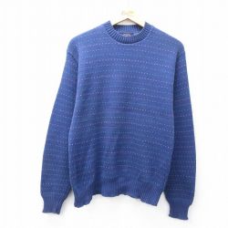 M★古着 長袖 セーター メンズ 90年代 90s バーズアイ コットン クルーネック 紺他【spe】 25dec16