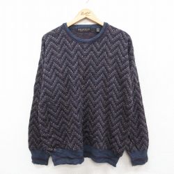 L★古着 長袖 セーター メンズ 90年代 90s クルーネック ウール イタリア製 紺他 25dec16