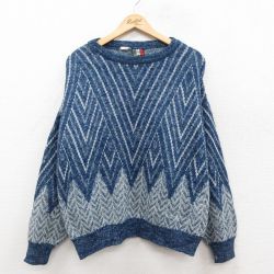XL★古着 長袖 セーター メンズ 90年代 90s 大きいサイズ ウール クルーネック イタリア製 紺他 25dec16