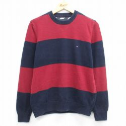 M★古着 トミーヒルフィガー 長袖 ブランド セーター メンズ ワンポイントロゴ コットン クルーネック 紺他 ボーダー 25dec16
