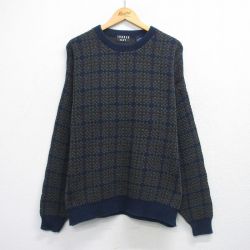 XL★古着 TRADER BAY 長袖 セーター メンズ 90年代 90s コットン クルーネック USA製 紺他 チェック 25dec16