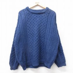 L★古着 長袖 アラン フィッシャーマン ケーブル セーター メンズ 90年代 90s メリノウール クルーネック アイルランド製 紺【spe】 25dec18