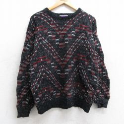 M★古着 長袖 セーター メンズ 90年代 90s 総柄 クルーネック USA製 黒他 25dec20