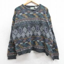 L★古着 長袖 セーター メンズ 90年代 90s 総柄 クルーネック グレー他 25dec20